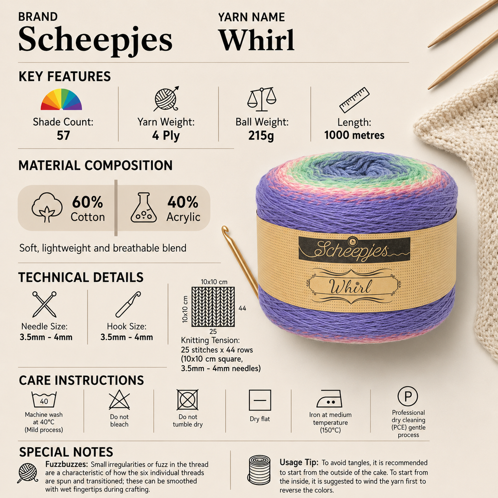 Scheepjes Whirl Gradient 4 Ply Yarn Cake - 215g, Soft Cotton Acrylic Blend Lightweight Anti-Split Crochet And Knitting Wool for Cushions, Shawls & Wraps