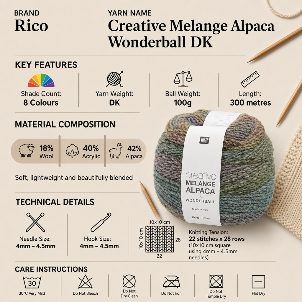 Rico Creative Melange Alpaca Wonderball DK - 100G, Luxury Wool Acrylic Alpaca Blend Gradient Soft Double Knitting & Crochet Yarn for Sweaters And Wraps