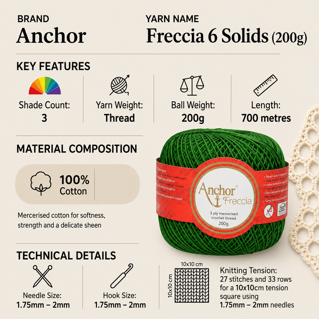 Anchor Freccia 6 Solids Crochet Thread Yarn - 200g, 100% Mercerised Cotton Fine Crochet Thread for Lace, Knitting, Home Décor & Baby Garments