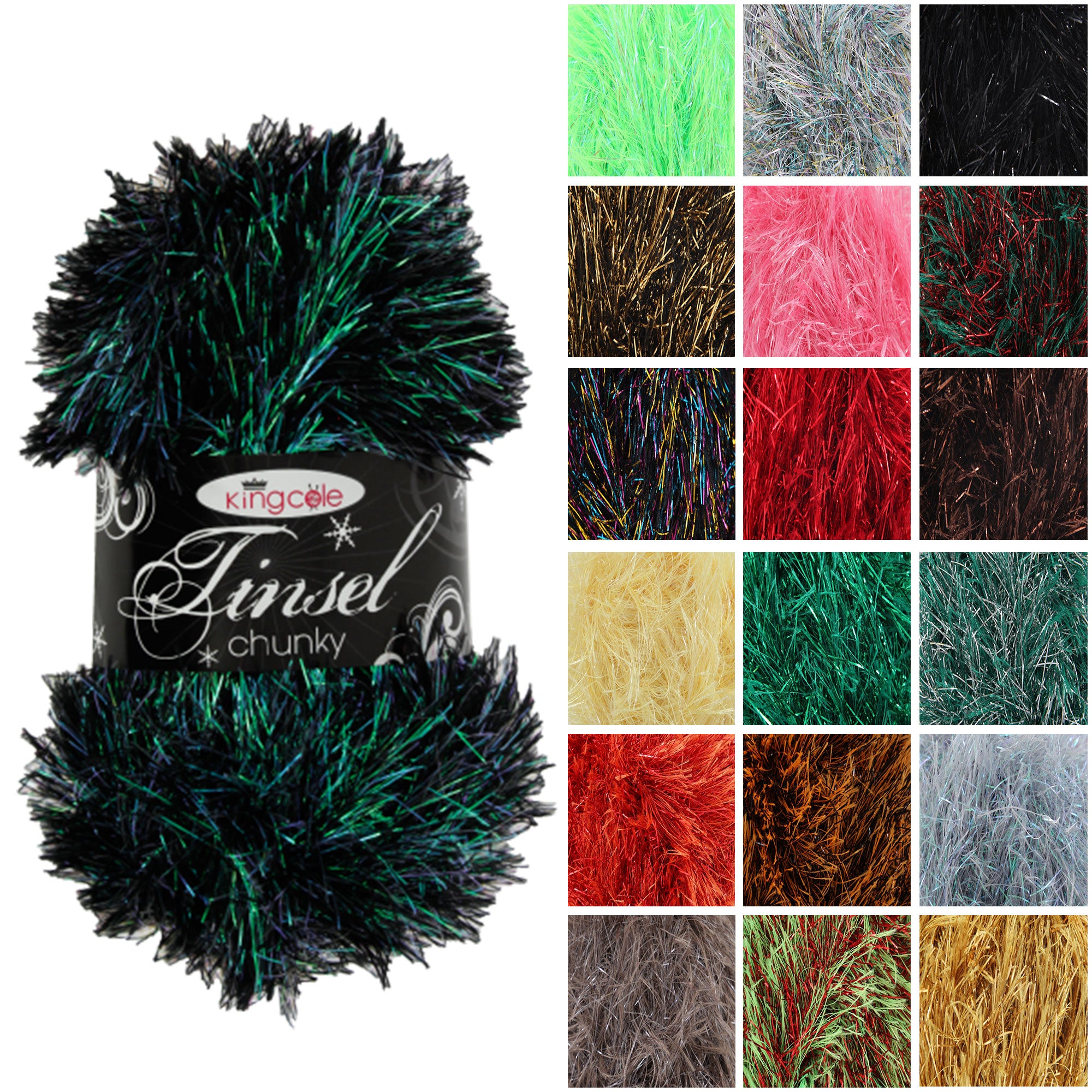 King Cole Tinsel Chunky Yarn 75% Polyester 25% Lurex 70m Sparkle Metallic Chunky Knit & Crochet Yarn - 50g