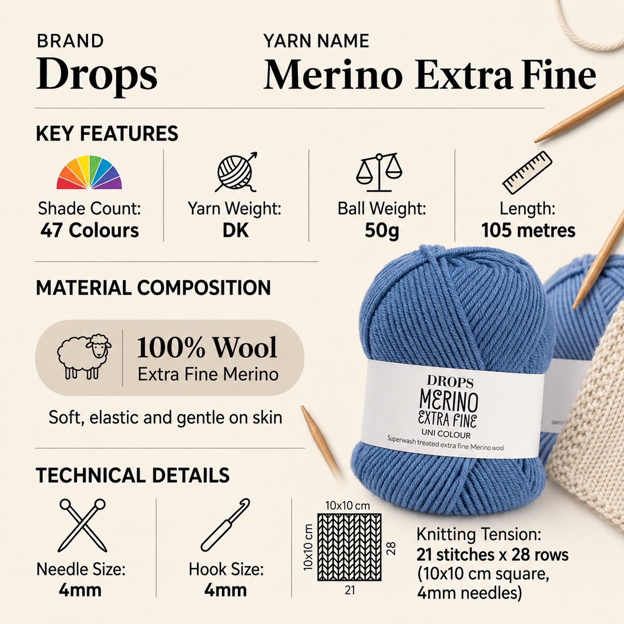 Drops Merino Extra Fine DK Crochet Yarn - 50g, Luxury 100% Merino Wool Durable Soft Non-Itchy Double Knitting Wool for Baby Clothes, Sweaters & Blankets