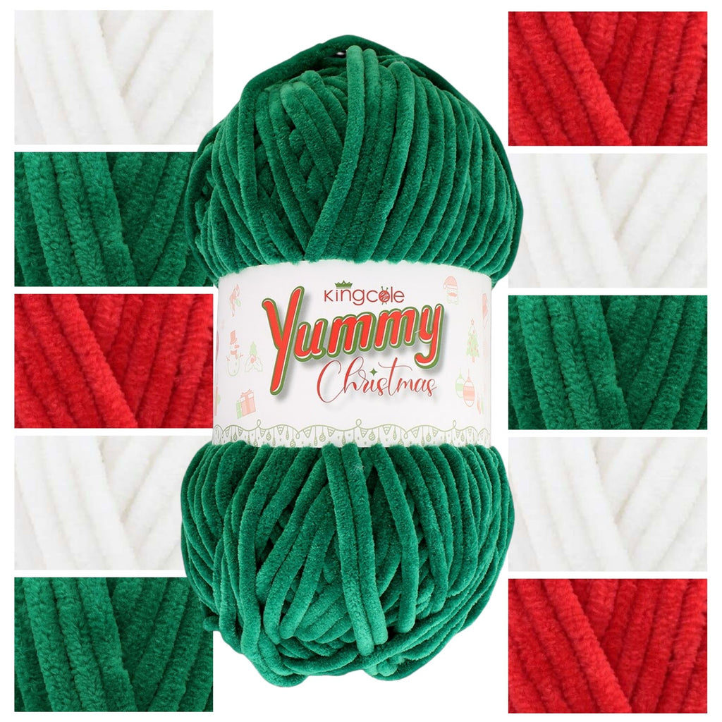 King Cole Yummy Christmas Chunky Chenille Yarn, Soft Knitting & Crochet Wool 100% Polyester Festive Shades Yarn - 200g