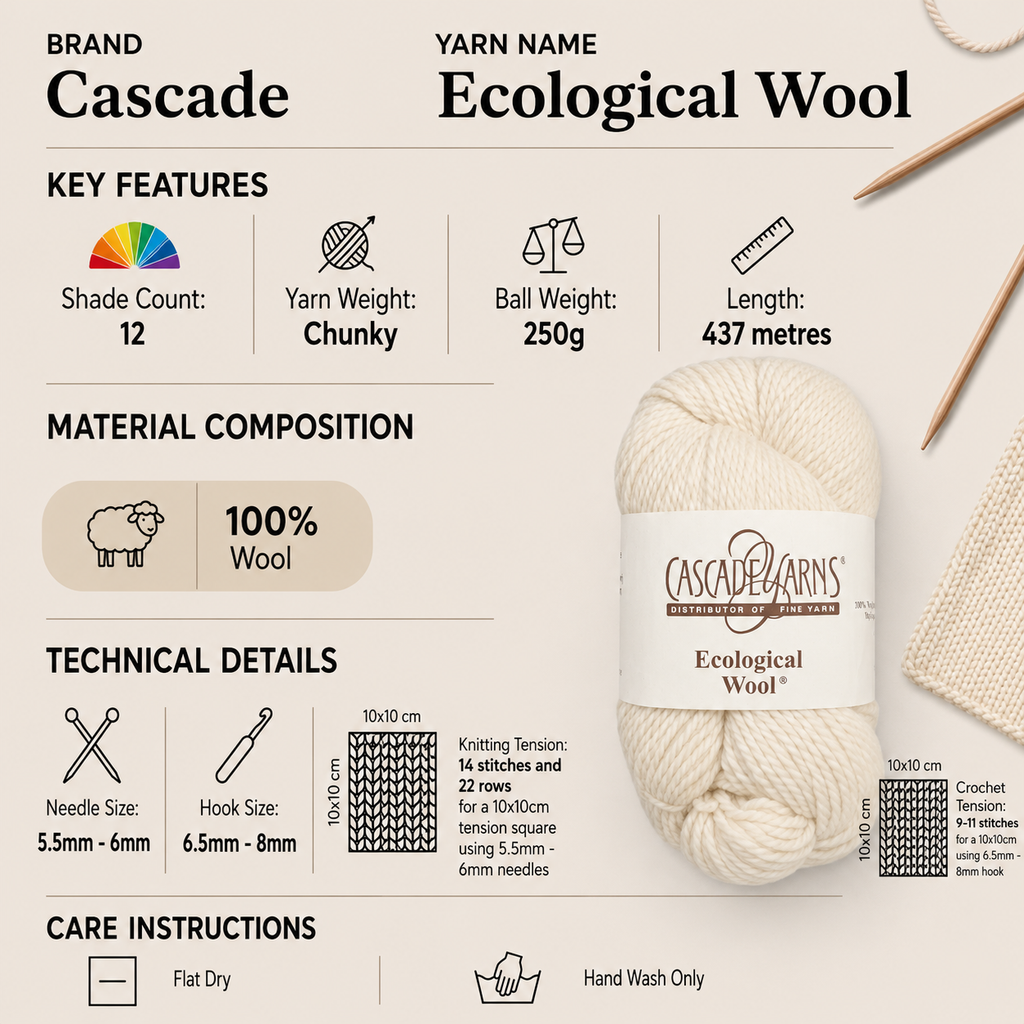 Cascade Ecological Wool Chunky Crochet Yarn - 250g, Luxury 100% Natural Peruvian Wool Undyed Soft Bulky Knitting Yarn for Garments, Accessories & Felting Projects