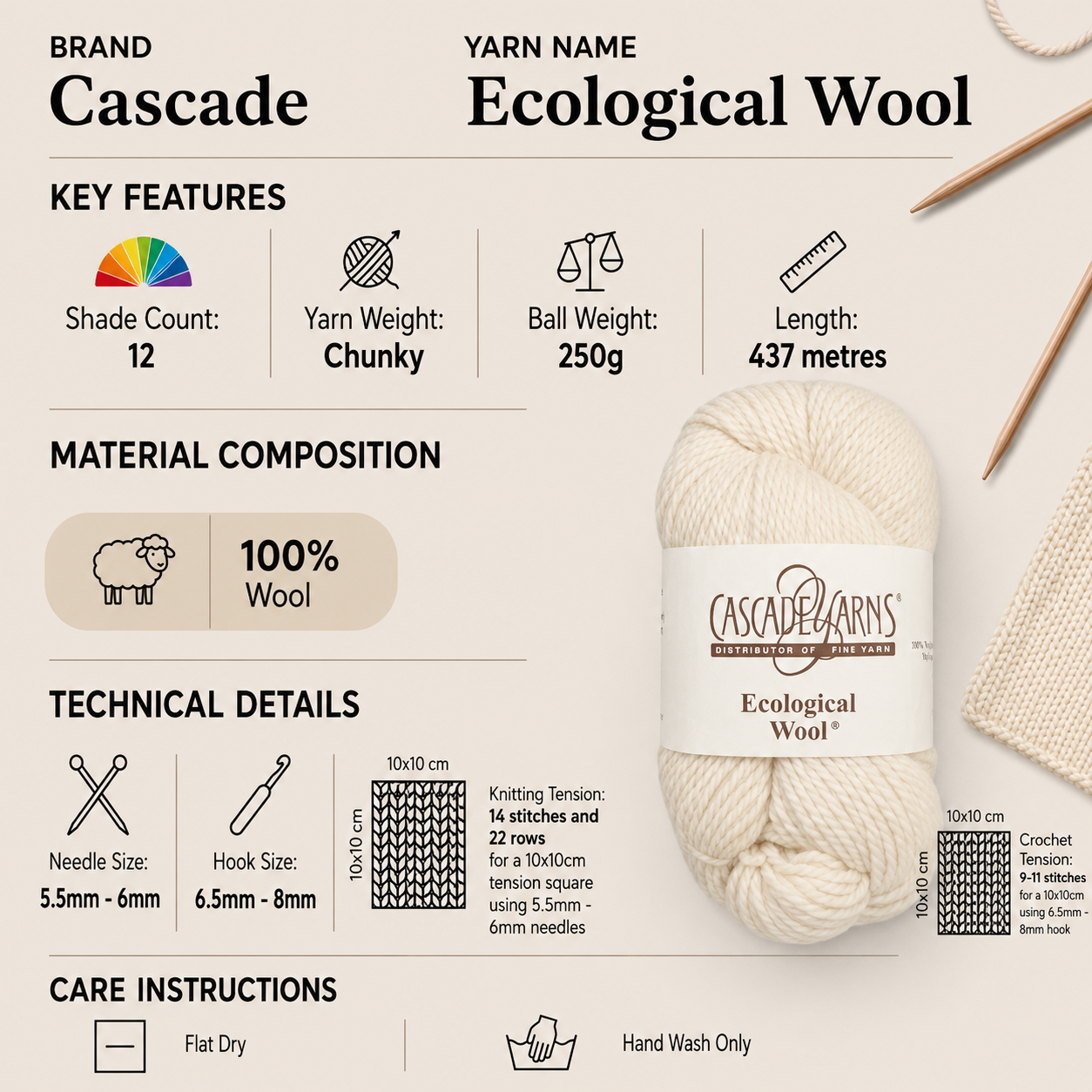 Cascade Ecological Wool Chunky Crochet Yarn - 250g, Luxury 100% Natural Peruvian Wool Undyed Soft Bulky Knitting Yarn for Garments, Accessories & Felting Projects