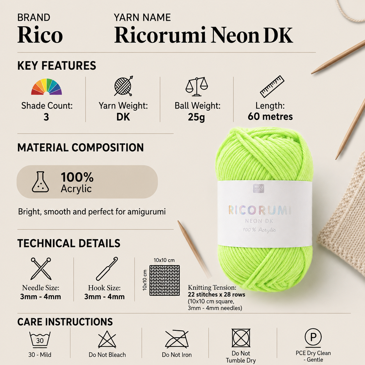 Rico Ricorumi Neon DK Yarn for Crochet - 25G, 100% Acrylic Bright Neon Colour Soft Lightweight Double Knitting Wool Amigurumi Yarn for Festival & Party Decor