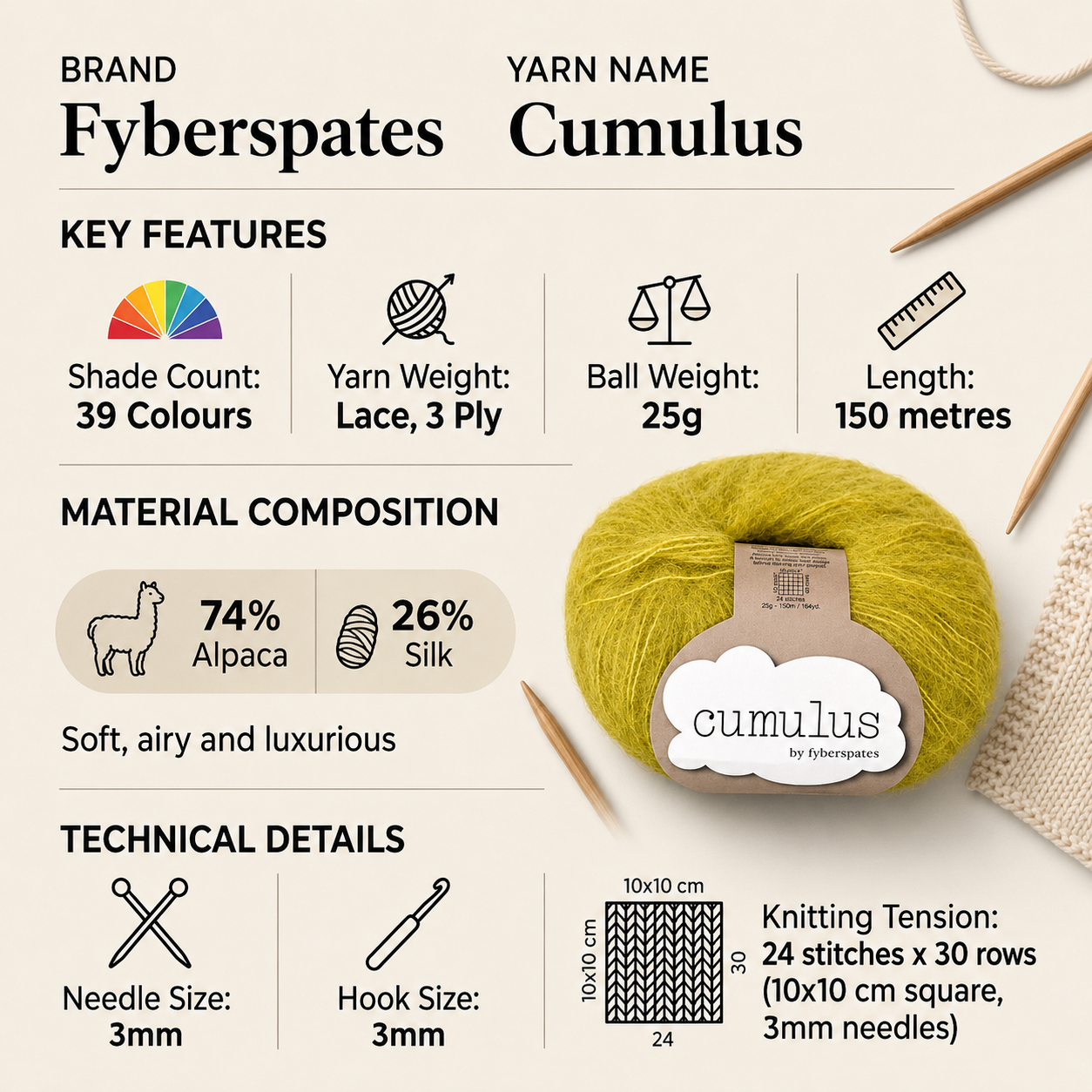 Fyberspates Cumulus Lace 3 Ply Crochet Yarn - 25g, Luxury Alpaca & Mulberry Silk Blend Lightweight Lace Knitting Wool for Shawls, Scarves, Garments & Accessories