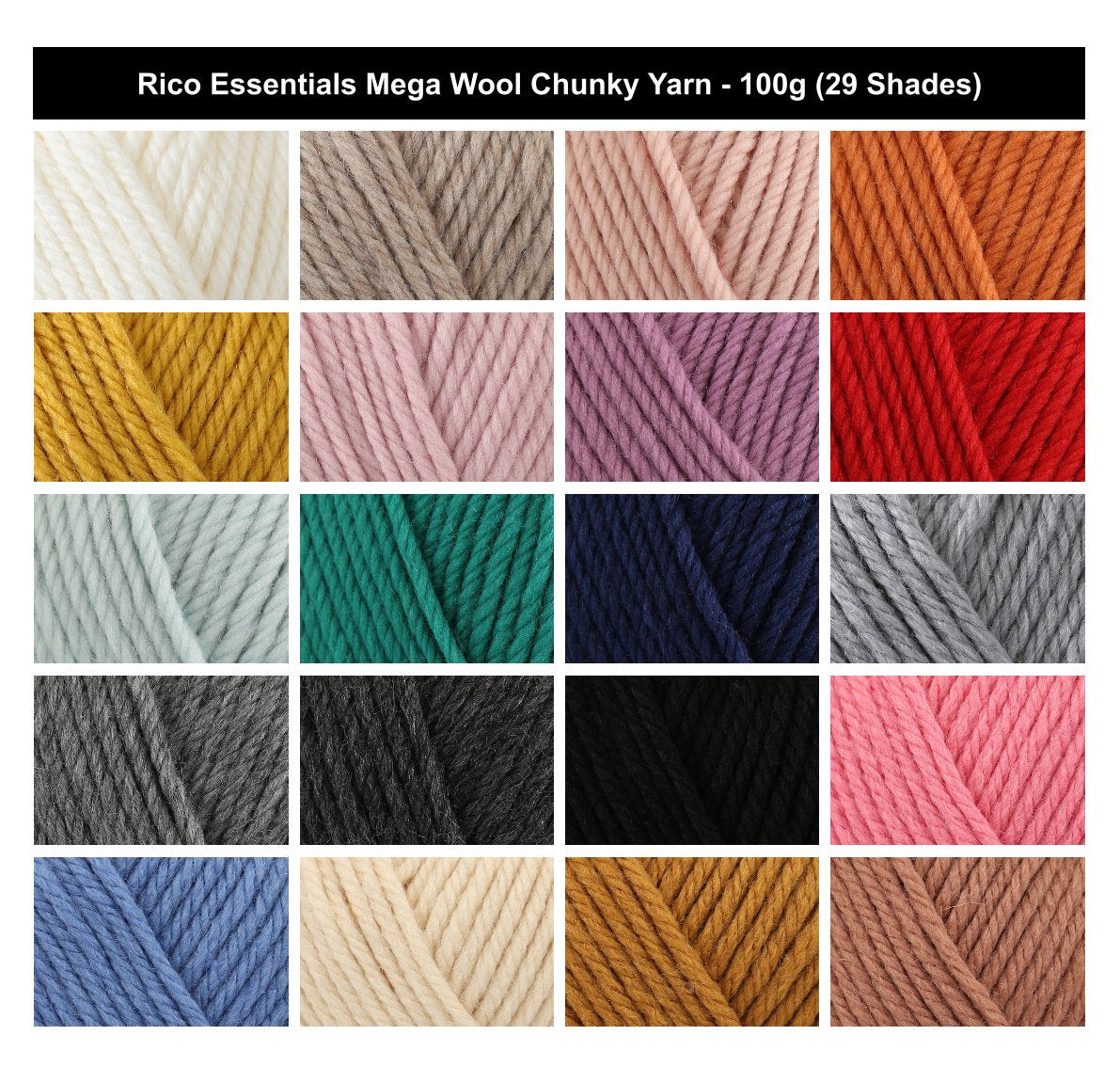 Rico Essentials Mega Wool Chunky Yarn - 100G, Luxury Wool Acrylic Blend Twisted Cable Knit Bulky Crochet & Knitting Wool Yarn for Cardigans, Jumpers & Sweaters