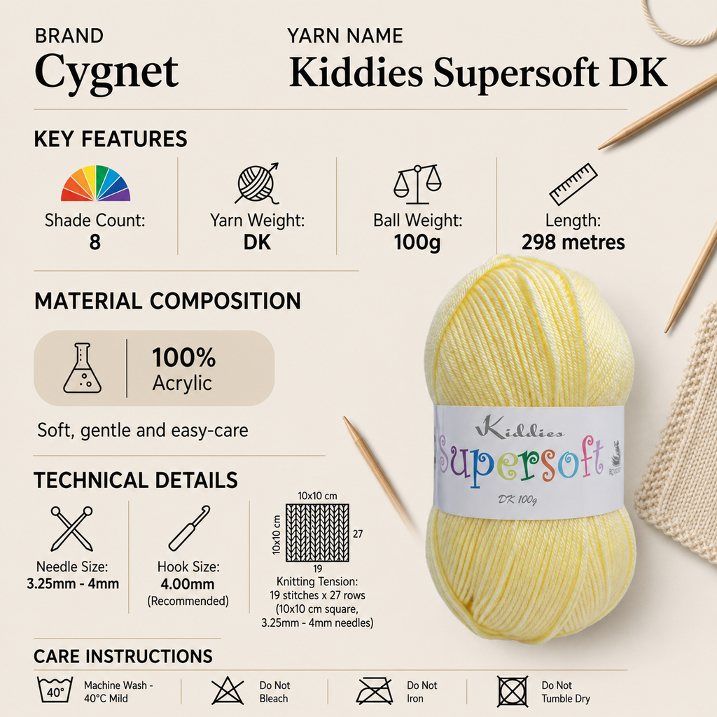 Cygnet Kiddies Supersoft DK Crochet Yarn - 100g, 100% Acrylic Double Knitting Baby Yarn for Blankets, Garments & Accessories