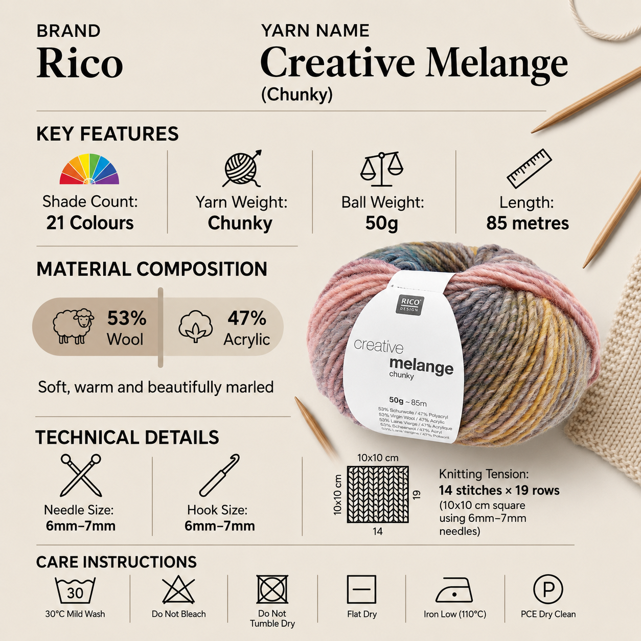 Rico Creative Melange Chunky Yarn - 50G, Wool Acrylic Blend Self-Striping Gradient Colour Single Ply Knitting & Crochet Yarn for Jackets, Shawls & Hats