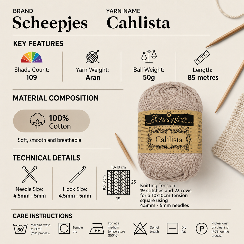 Scheepjes Cahlista Aran Crochet Yarn - 50g, 100% Natural Cotton Smooth Non-Mercerised Matte Finish Knitting Wool for Crafts & Cushions