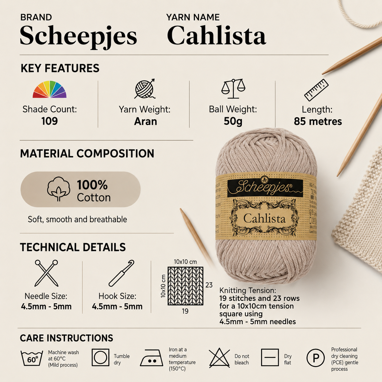 Scheepjes Cahlista Aran Crochet Yarn - 50g, 100% Natural Cotton Smooth Non-Mercerised Matte Finish Knitting Wool for Crafts & Cushions