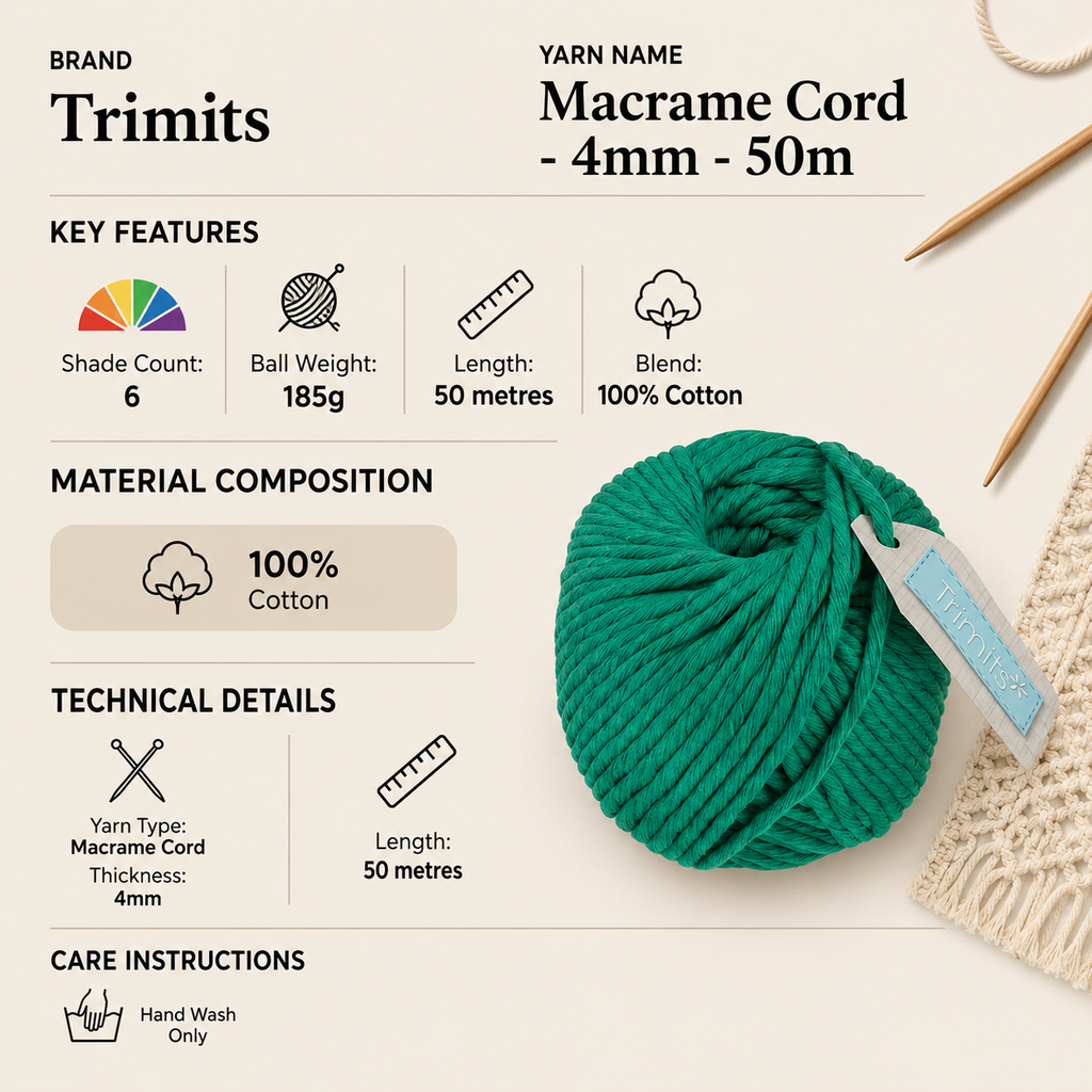 Trimits Macrame Cord 4mm Crochet Yarn - 185g, 100% Cotton Strong Coloured Knitting Macrame Cord for Wall Hangings, Plant Hangers, Bags, Crafts & Home Décor