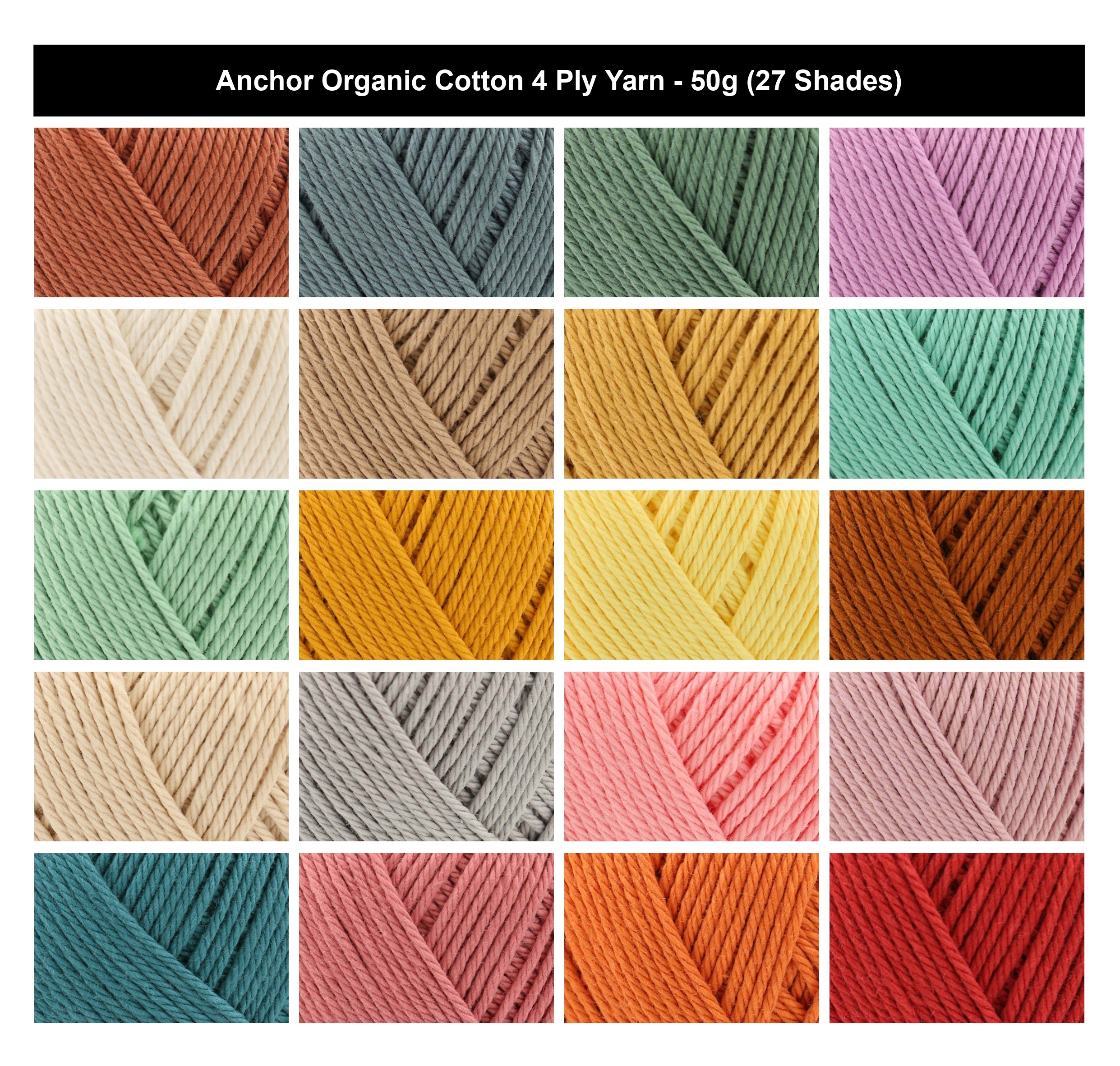 Anchor Organic Cotton 4 Ply Crochet Yarn - 50g, Soft 100% Cotton Matt Finish Knitting Yarn for Garments Accessories & Decorative Home Items