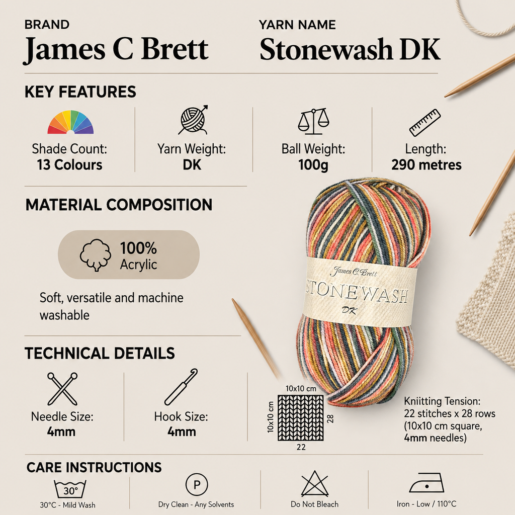 James C Brett Stonewash DK Yarn - 100g, 100% Acrylic Double Knitting Variegated Crochet Wool for Fashionable Modern Cardigans, Jumpers, Sweaters & Jackets
