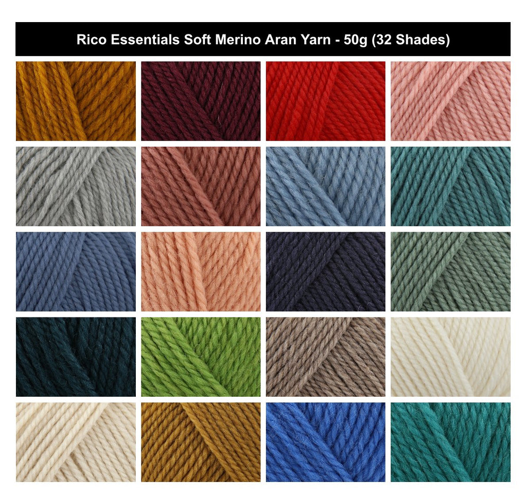 Rico Essentials Soft Merino Aran Yarn - 50G, Luxury 100% Merino Wool Soft Aran Weight Crochet & Knitting Wool Yarn for Sweaters, Cardigans & Headwear