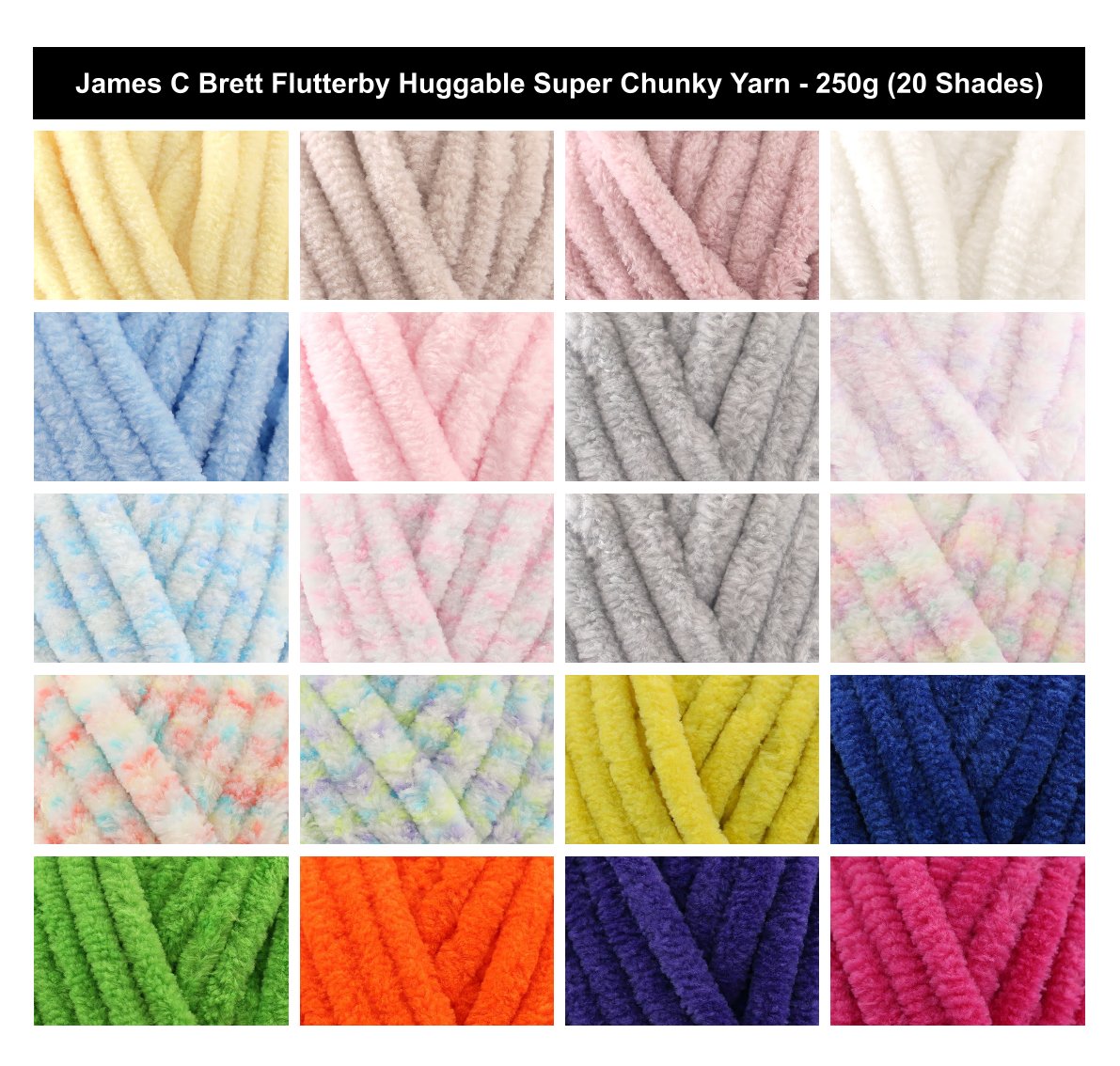 James C Brett Flutterby Huggable Yarn - 250g, 100% Polyester Super Chunky Chenille Texture Fluffy Crochet Knitting Wool for Baby Toys, Blankets, Cushions & Crafting
