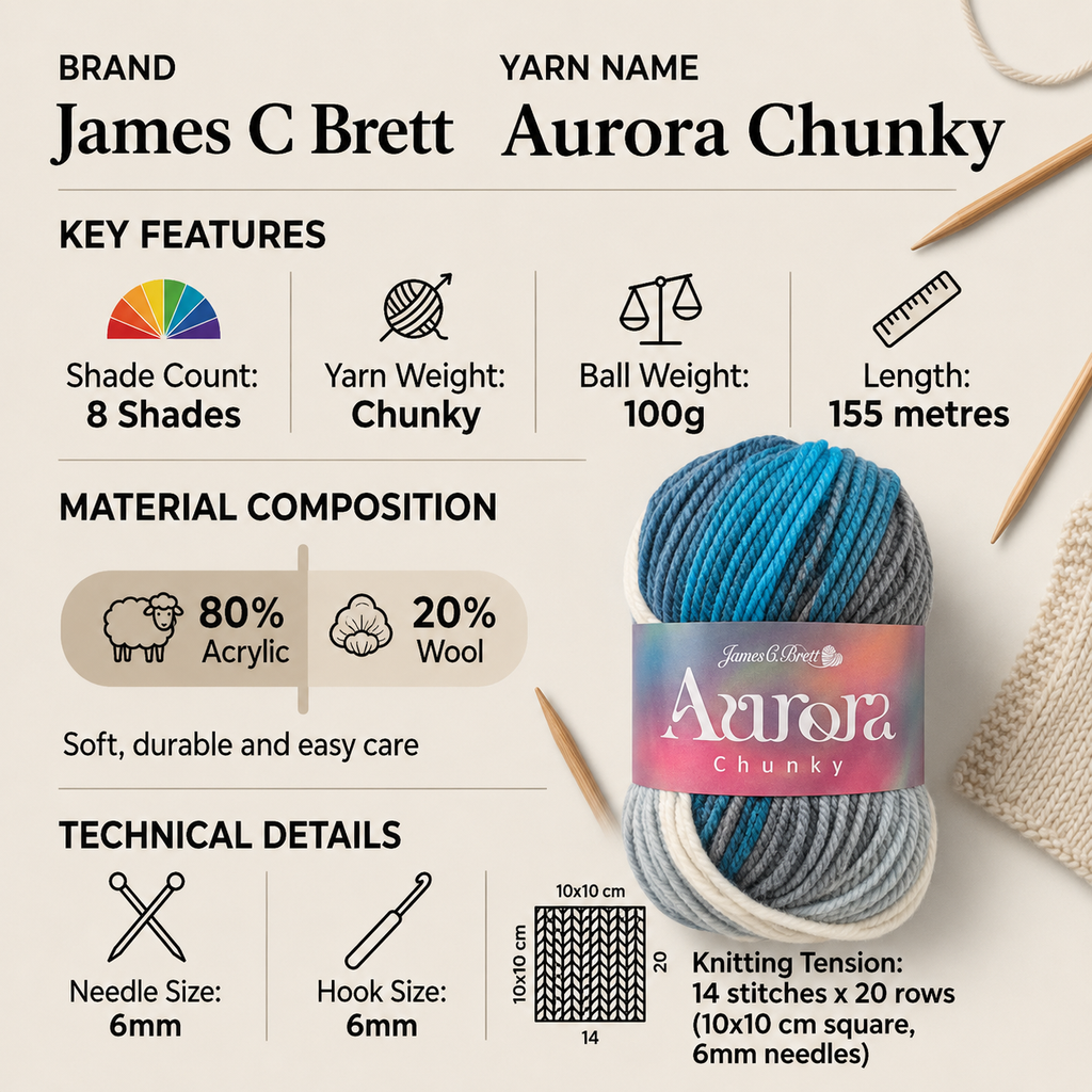 James C Brett Aurora Chunky Crochet Yarn - 100g, Acrylic & Wool Blend Self-Striping Knitting Wool for Blankets & Winter Garments