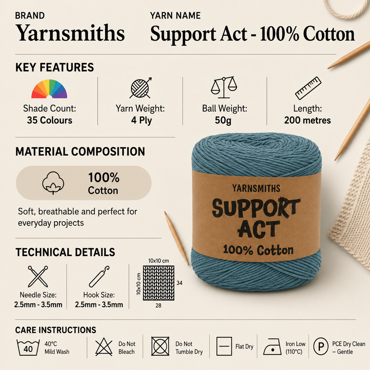 Yarnsmiths Support Act 100% Cotton 4 Ply Yarn - 50g, Luxury Natural Cotton Matte Finish Twisted Lightweight Knitting Crochet Yarn for Shawls, Wraps & Tops