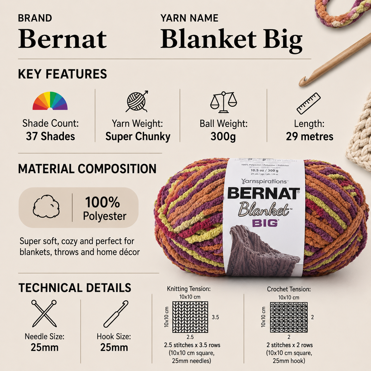 Bernat Blanket Big Super Chunky Yarn - 300G, 100% Polyester Fluffy Soft Chenille Thick Jumbo Knitting Wool for Crochet Blanket, Throw & & Arm Knitting