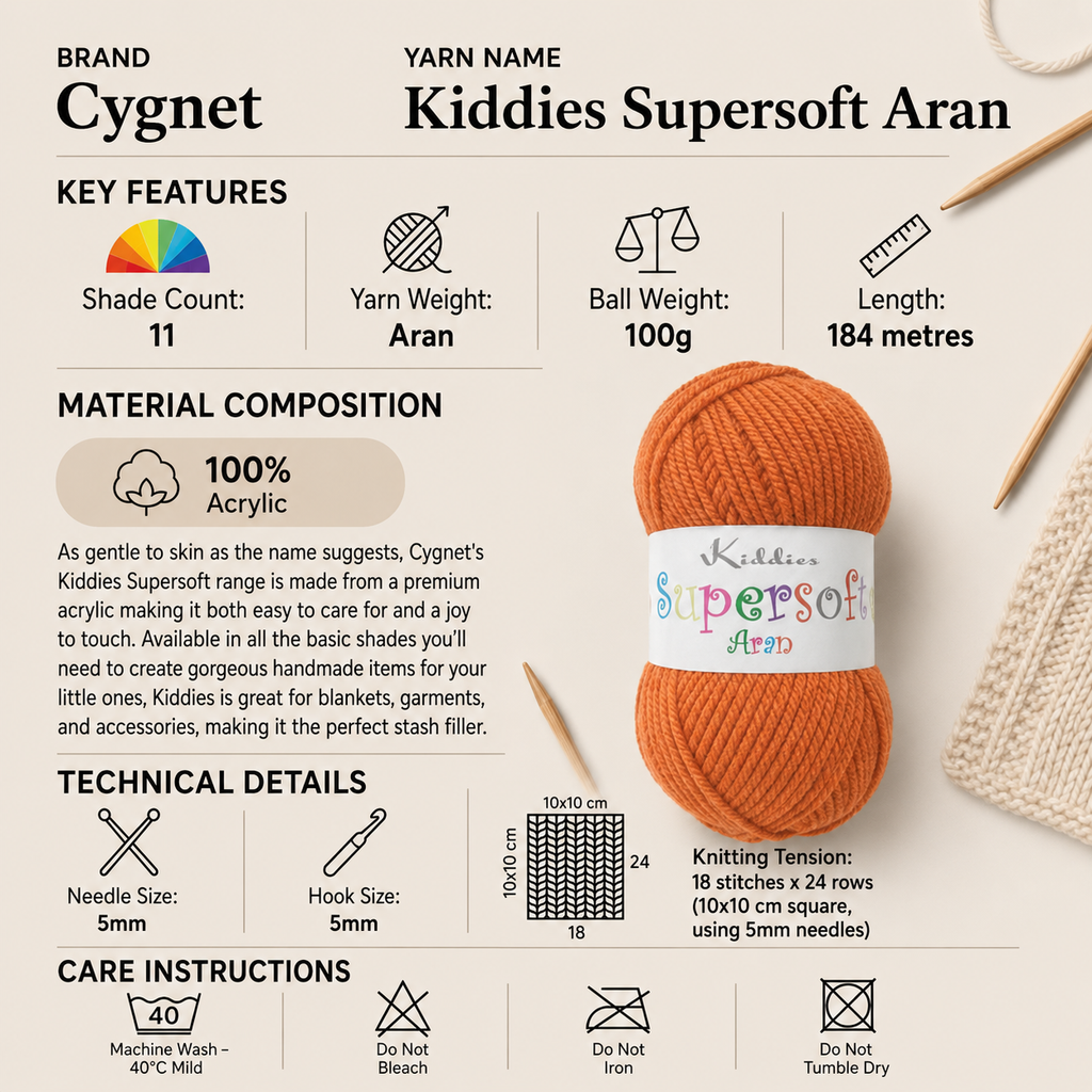 Cygnet Kiddies Supersoft Aran Yarn - 100g, 100% Acrylic Kids Crochet Knitting Yarn for Blankets, Garments & Accessories