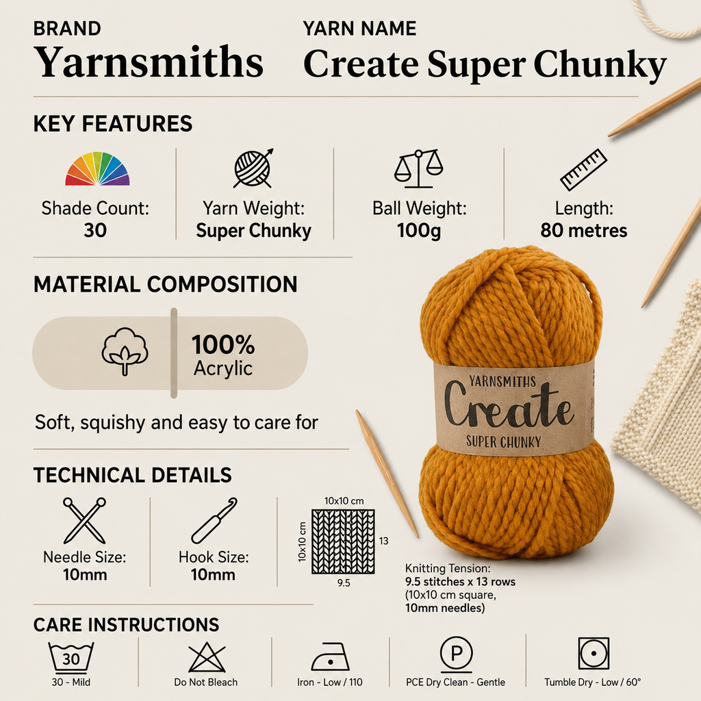 Yarnsmith Create Super Chunky Yarn - 100g, 100% Acrylic Soft Thick Crochet & Knitting Wool for Cozy Blankets, Cushions & Headwear
