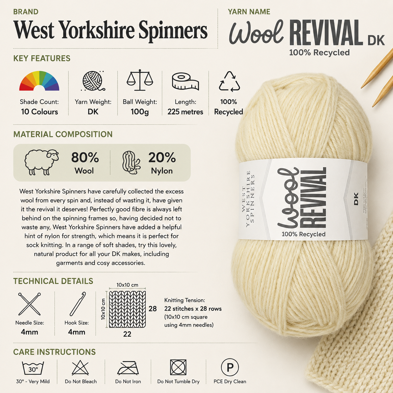 West Yorkshire Spinners Wool Revival DK Yarn - 100g, Luxury British Wool Nylon Blend Recycled Crochet Knitting Wool Yarn for Making Sock & Cosy Garments