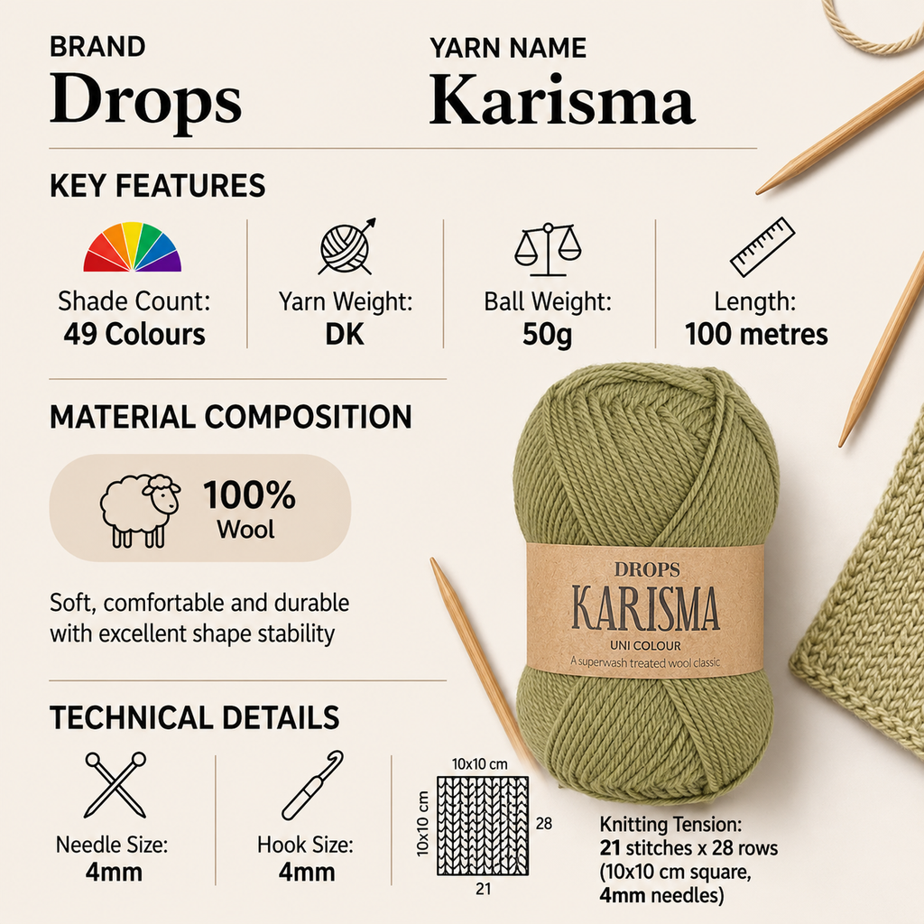 Drops Karisma DK Crochet Yarn - 50g, 100% Superwash Wool Traditional Colourwork Double Knitting Wool for Garments, Sweaters & Accessories
