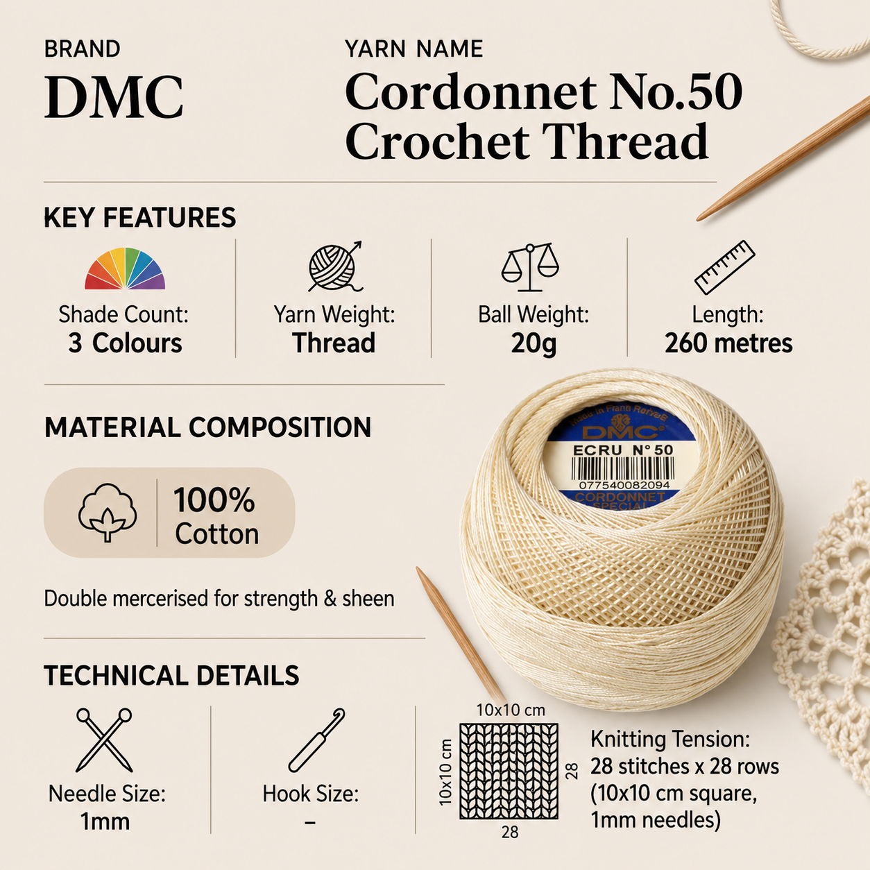 DMC Cordonnet No.50 Crochet Thread Yarn - 20g, 100% Double Mercerised Cotton, 6-Ply High-Gloss Strong Knitting Thread for Lacework, Doilies & Crafts