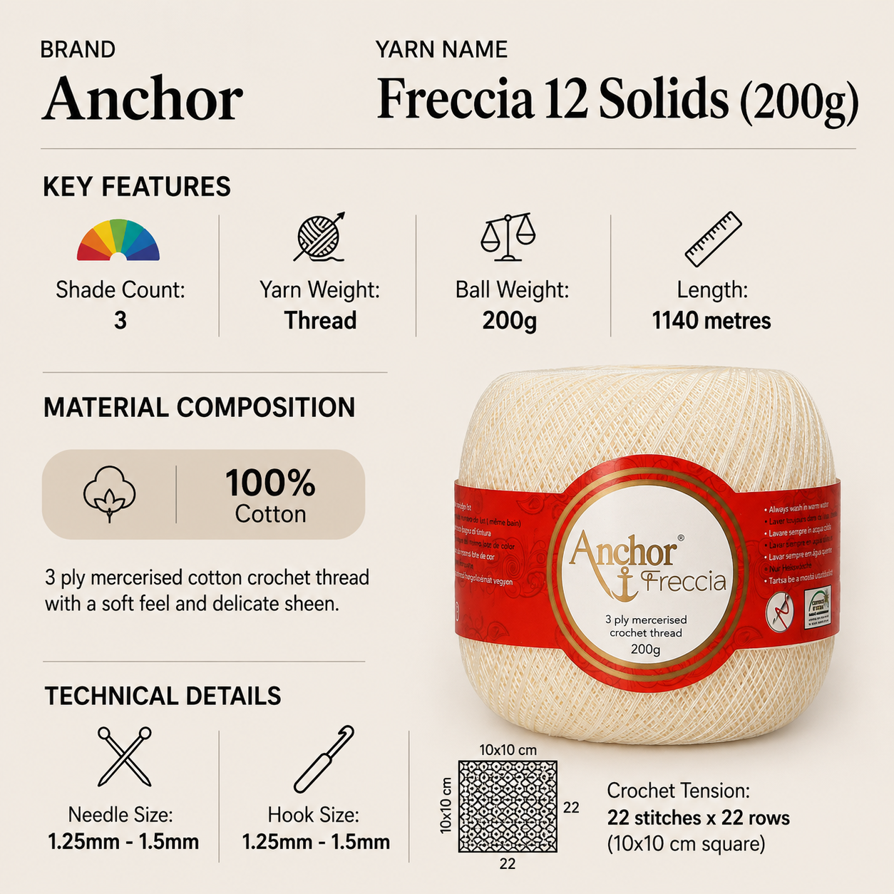 Anchor Freccia 12 Solids 3 Ply Thread Yarn - 200g, 100% Mercerised Cotton Fine Lace Thread for Crochet & Knitting for Home Décor, Accessories & Baby Garments