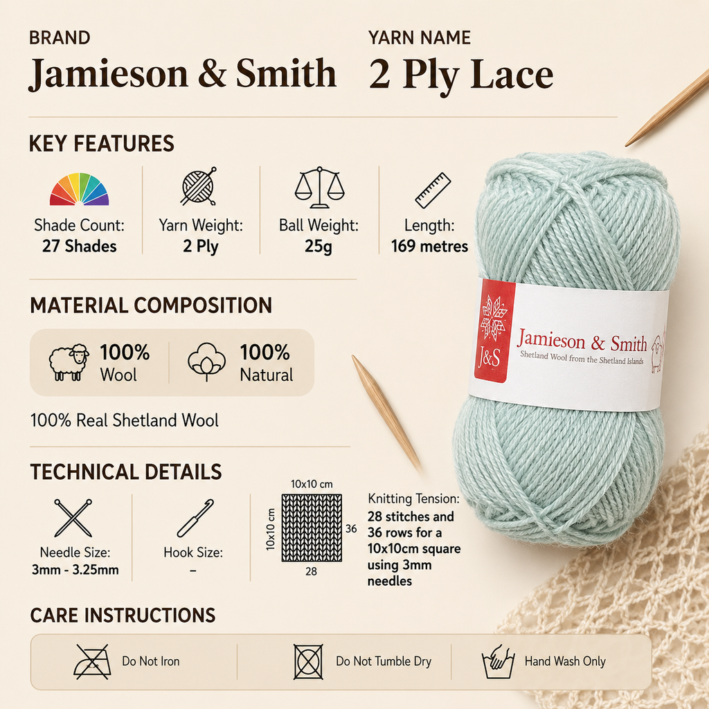 Jamieson & Smith 2 Ply Lace Yarn for Crochet - 25g, Shetland Wool & Lambswool Blend Lightweight Knitting Wool Yarn for Shawls, Summer Sweaters & Vintage Patterns