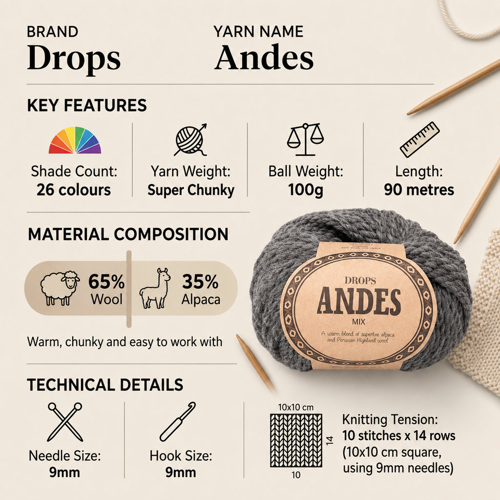 Drops Andes Super Chunky Yarn - 100g, Traditional Wool Alpaca Blend Soft Bulky Thick Crochet & Knitting Wool for Winter Garments, Cardigans & Accessories