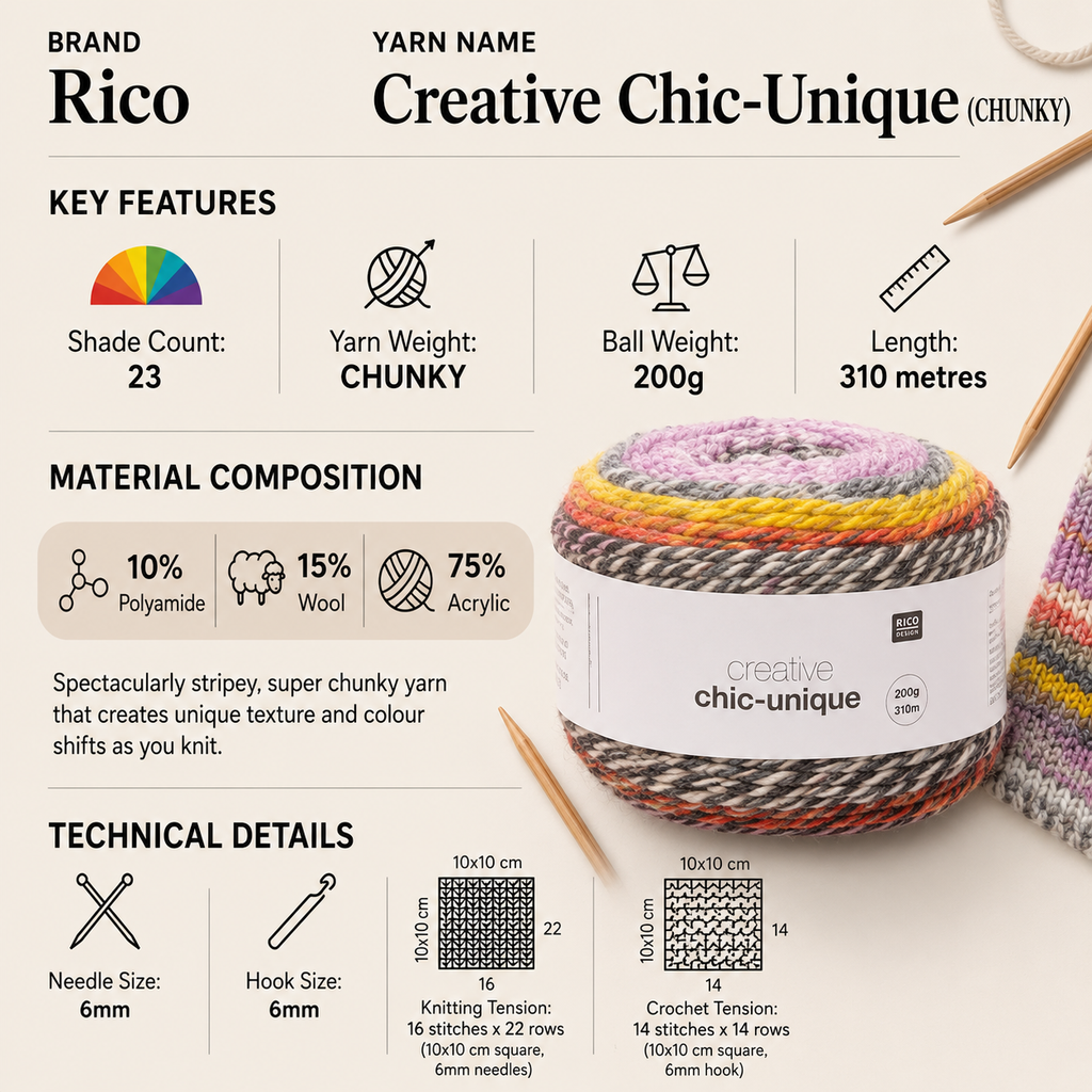 Rico Creative Chic-Unique Chunky Yarn Cake - 200G, Polyamide Wool Acrylic Blend Soft Crochet Knitting Gradient Self-Striping Yarn for Sweaters, Cardigans & Headwear