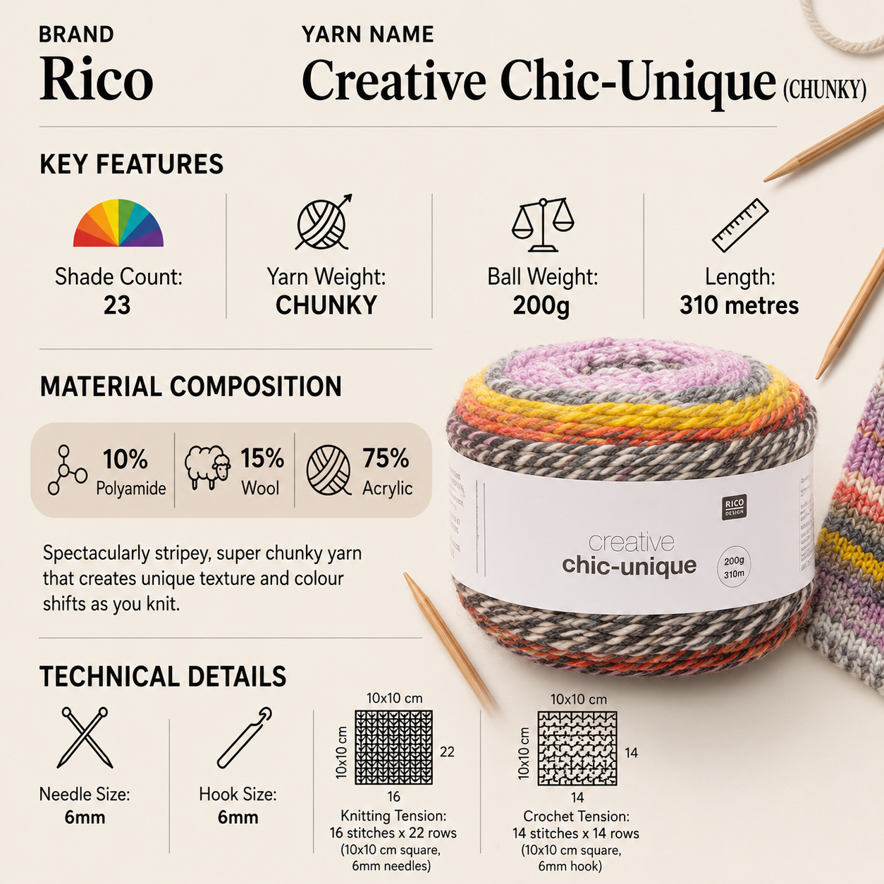 Rico Creative Chic-Unique Chunky Yarn Cake - 200G, Polyamide Wool Acrylic Blend Soft Crochet Knitting Gradient Self-Striping Yarn for Sweaters, Cardigans & Headwear