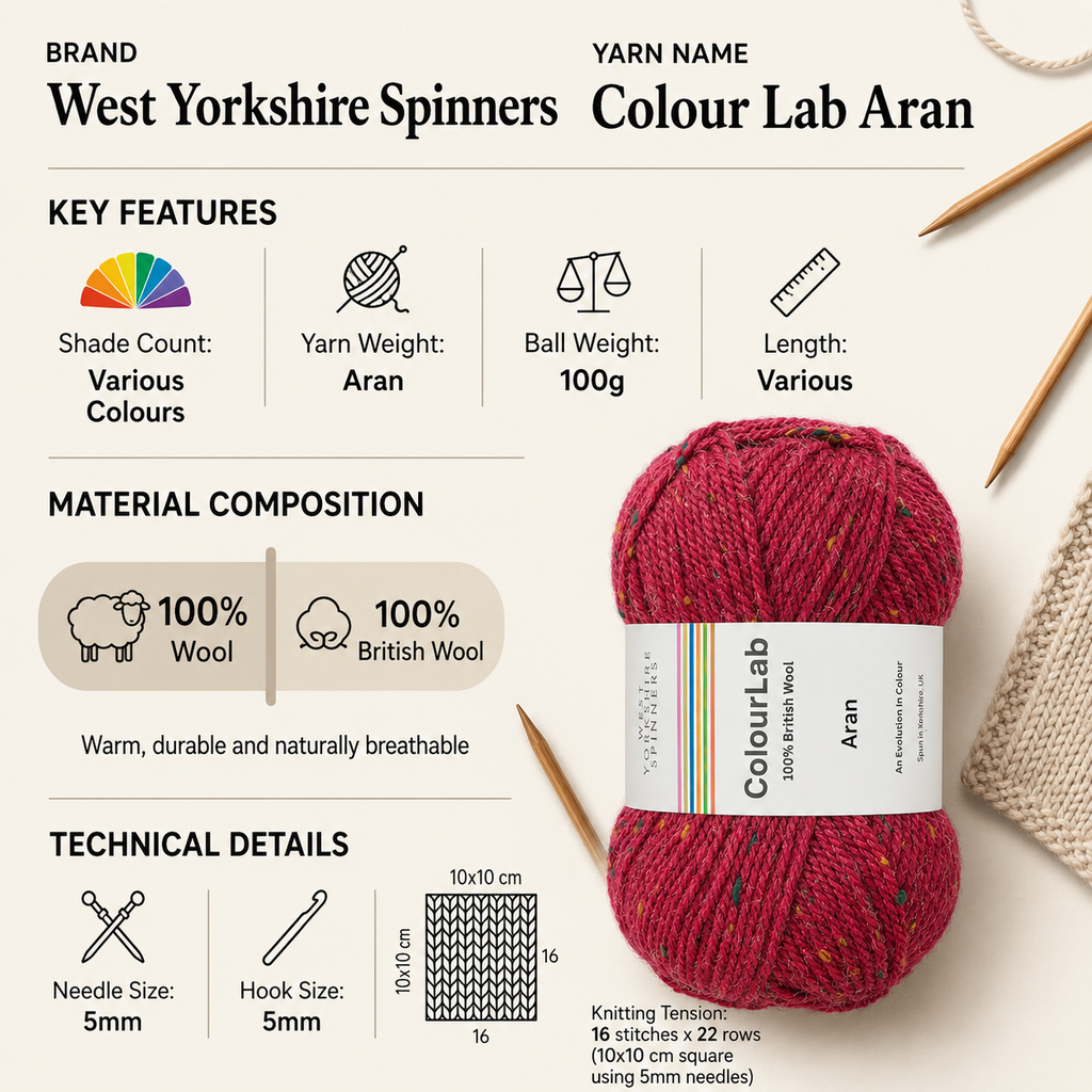 West Yorkshire Spinners Colour Lab Aran Yarn - 100g, 100% British Wool Worsted Soft Knitting & Crochet Yarn for Cozy Blankets, Sweaters & Home Decor
