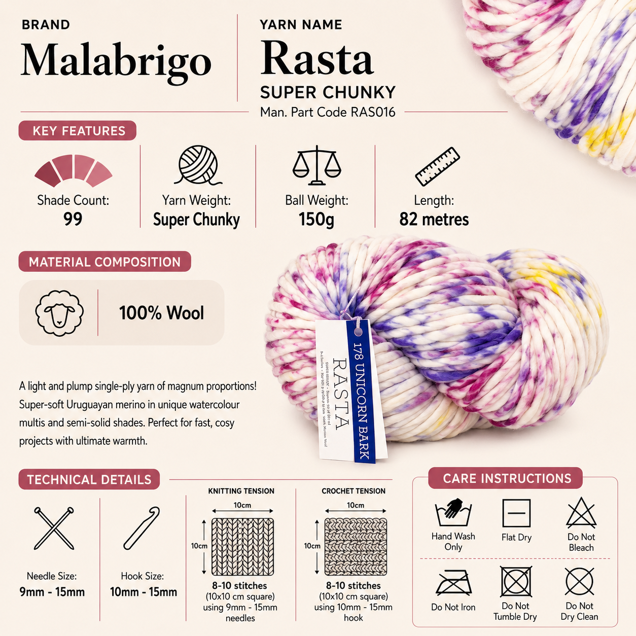 Malabrigo Rasta Super Chunky Yarn - 150g, Uruguayan 100% Marino Wool, Single Ply Hand Kettle Dyed Knitting Crochet Yarn for Hats, Cowls & Scarves