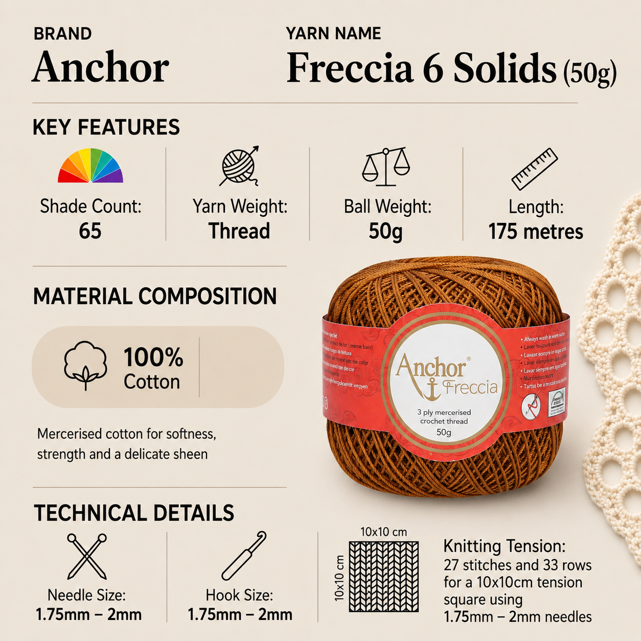 Anchor Freccia 6 Solids Crochet Thread Yarn - 50g, 100% Mercerised Cotton Fine Yarn for Lace, Knitting, Home Décor & Baby Garments