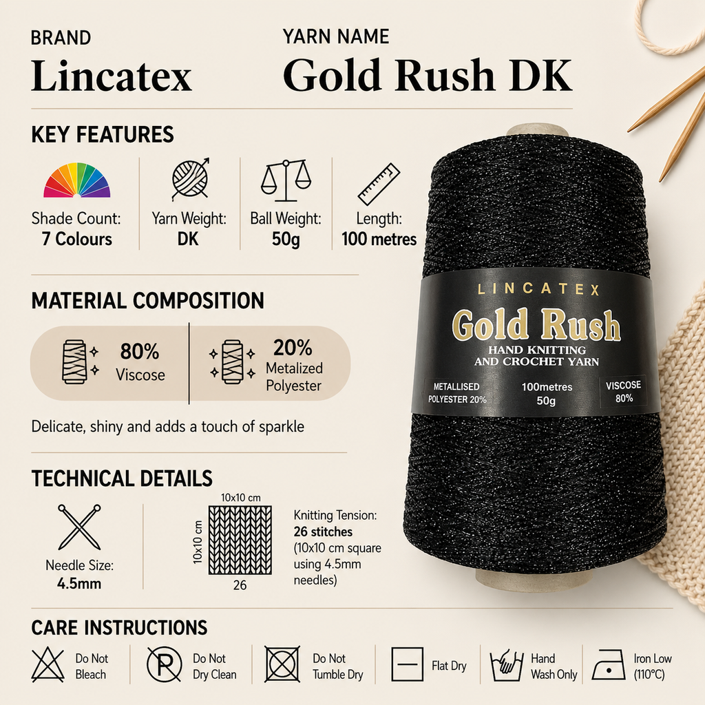 Lincatex Gold Rush DK Crochet Yarn - 50g, Viscose & Metallic Polyester Sparkly Holiday Decoration Double Knitting Wool for Garments, Accessories & Crafting