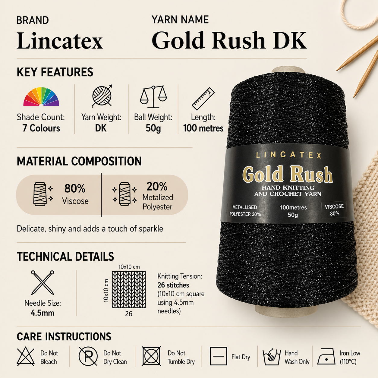 Lincatex Gold Rush DK Crochet Yarn - 50g, Viscose & Metallic Polyester Sparkly Holiday Decoration Double Knitting Wool for Garments, Accessories & Crafting