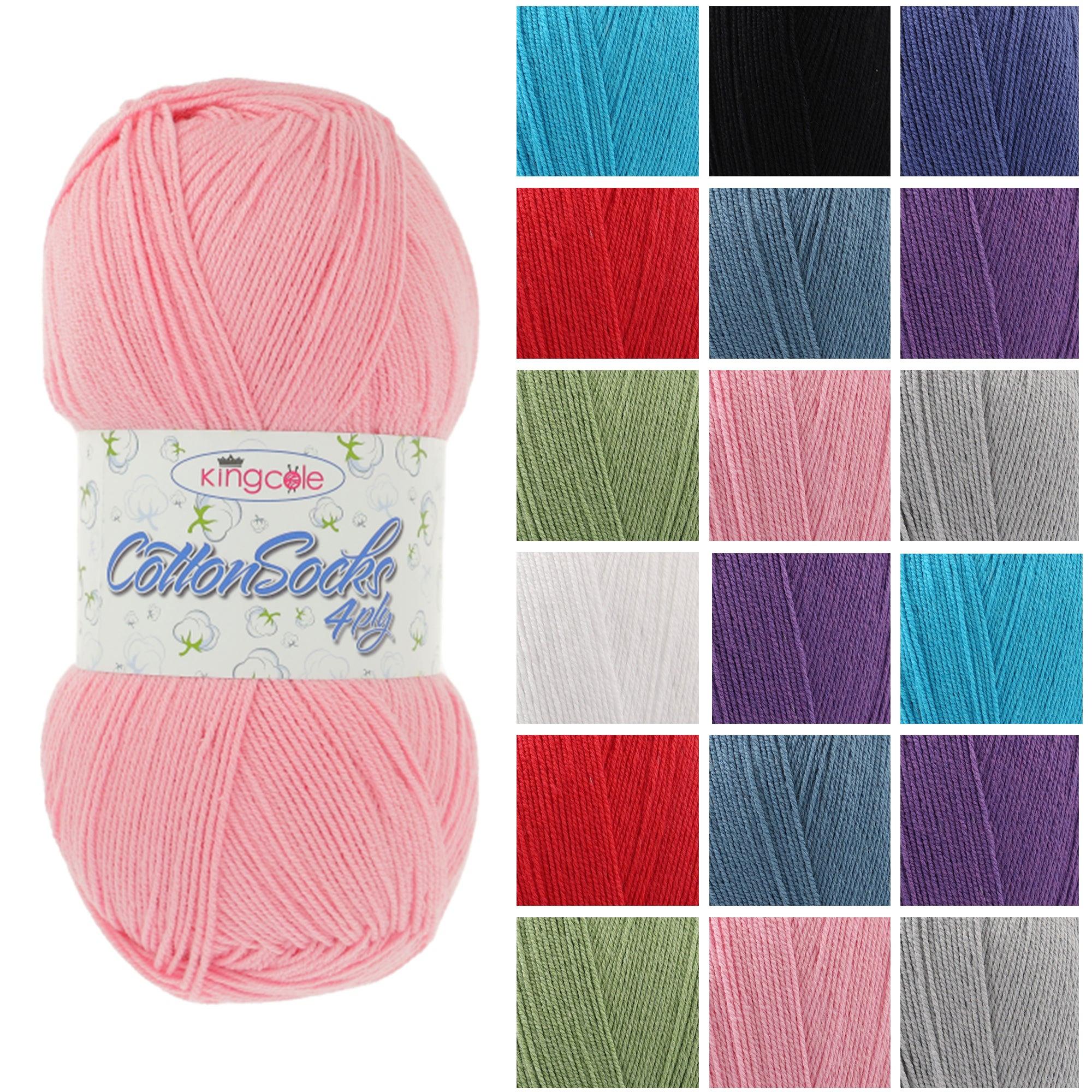King Cole Cotton Socks 4Ply Yarn 58% Cotton, 38% Polyamide & 4% PBT, 365m Breathable Sock & Knit Crochet Yarn - 100g