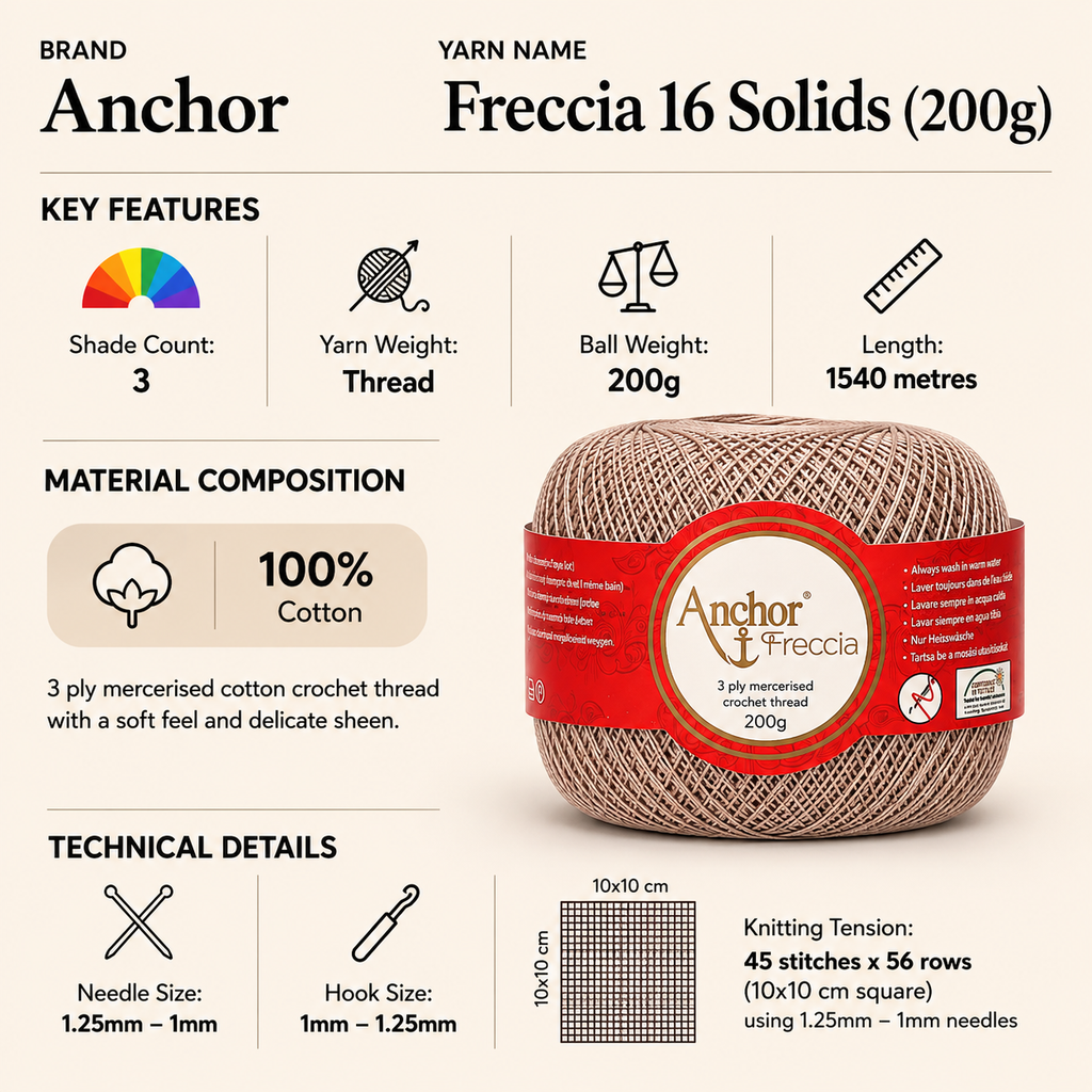 Anchor Freccia 16 Solids Thread Crochet Yarn - 200g, 100% Mercerised Cotton Fine Lace Yarn for Crochet, Knitting, Home Décor & Baby Garments