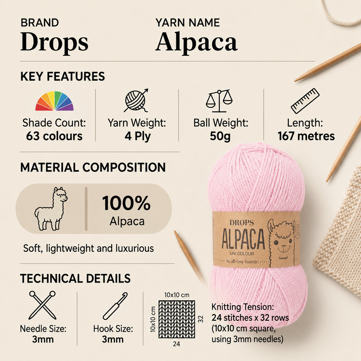 Drops Alpaca 4 Ply Crochet Yarn - 50g, Luxury 100% Pure Alpaca Breathable Soft Knitting Wool with Gentle Sheen for Garments, Shawls & Accessories