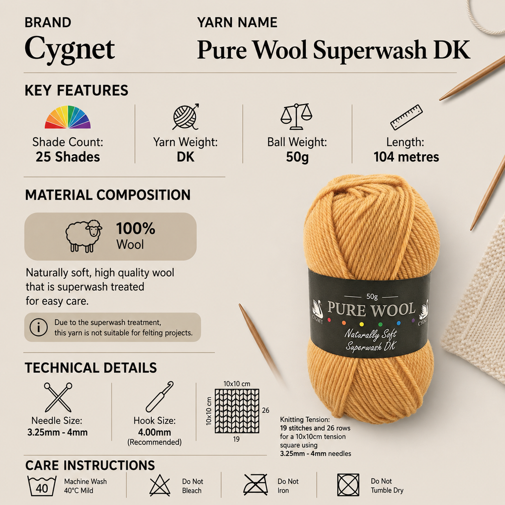 Cygnet Pure Wool Superwash DK Yarn - 50g, 100% Wool Double Knitting Crochet Yarn for Clothing, Toys & Accessories
