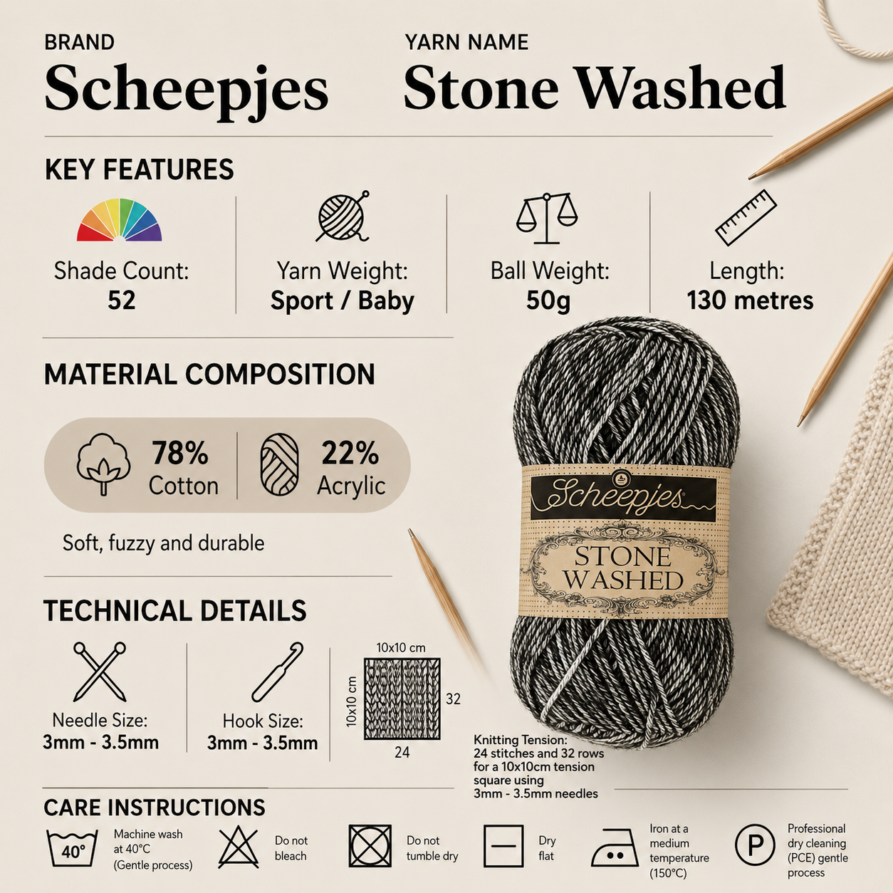 Scheepjes Stone Washed Baby Yarn - 50g, Cotton Acrylic Blend Sport Weight Knitting & Crochet Yarn With Soft Woolly Feel for Blankets, Garments & Amigurumi