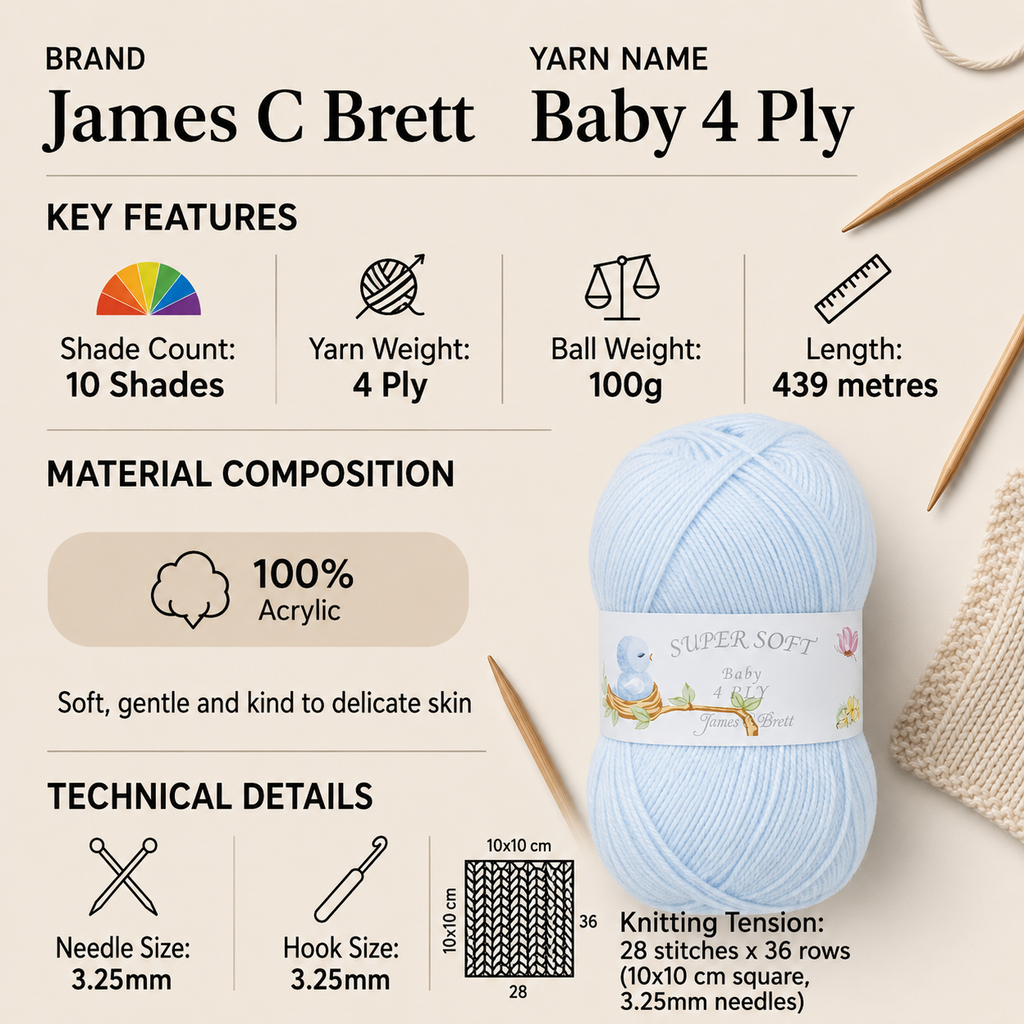 James C Brett 4 Ply Baby Yarn for Crochet - 100g, Soft 100% Acrylic Pastel Shades Skin Friendly Baby Knitting Yarn for Cloths & Accessories