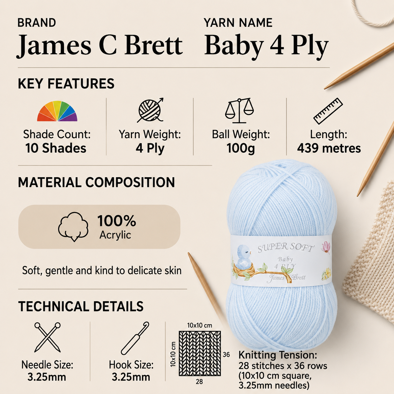 James C Brett 4 Ply Baby Yarn for Crochet - 100g, Soft 100% Acrylic Pastel Shades Skin Friendly Baby Knitting Yarn for Cloths & Accessories