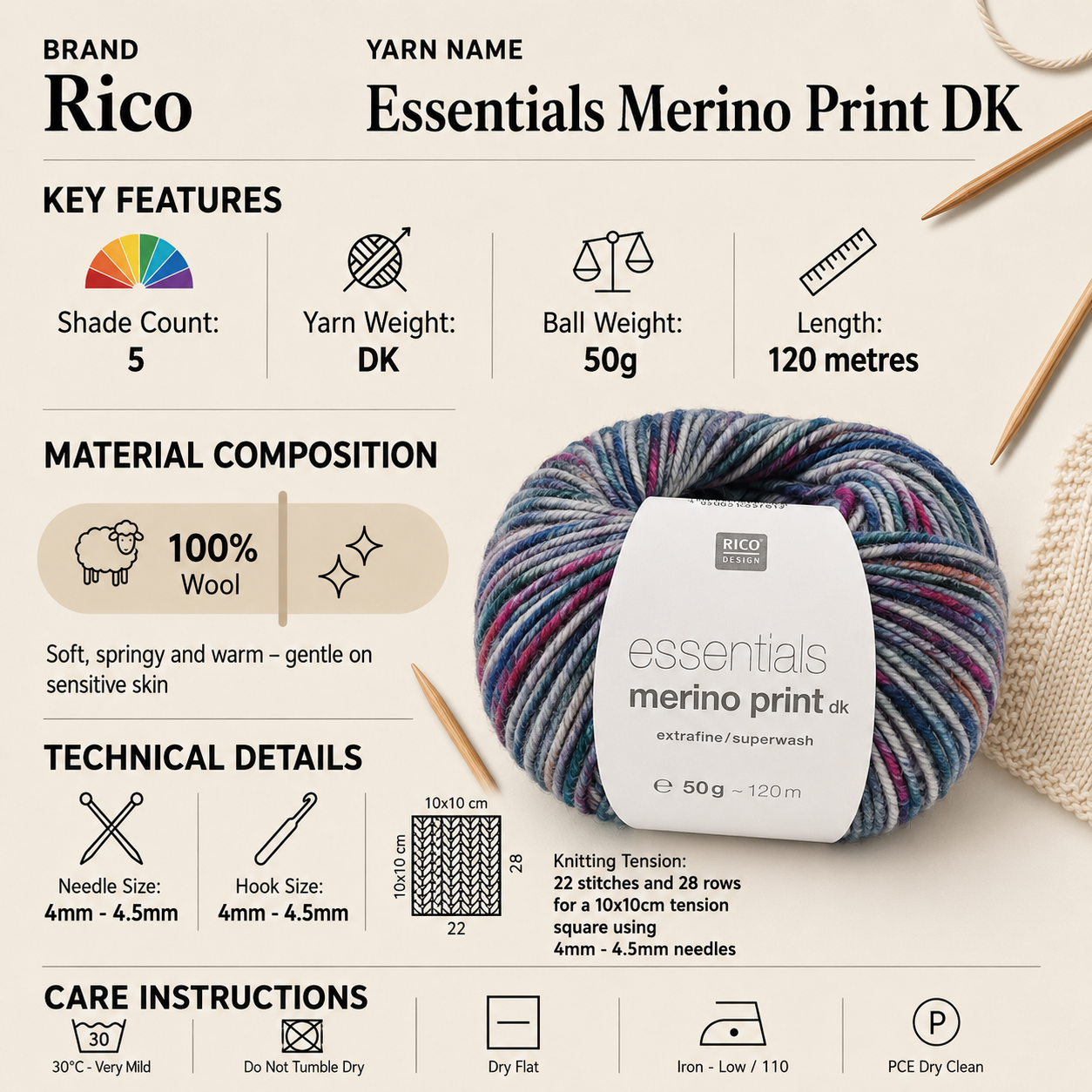 Rico Essentials Merino Print DK Yarn - 50G, Luxury 100% Merino Wool Self-Patterning Soft Double Knitting & Crochet Yarn for Jumpers, Cardigans & Sweaters
