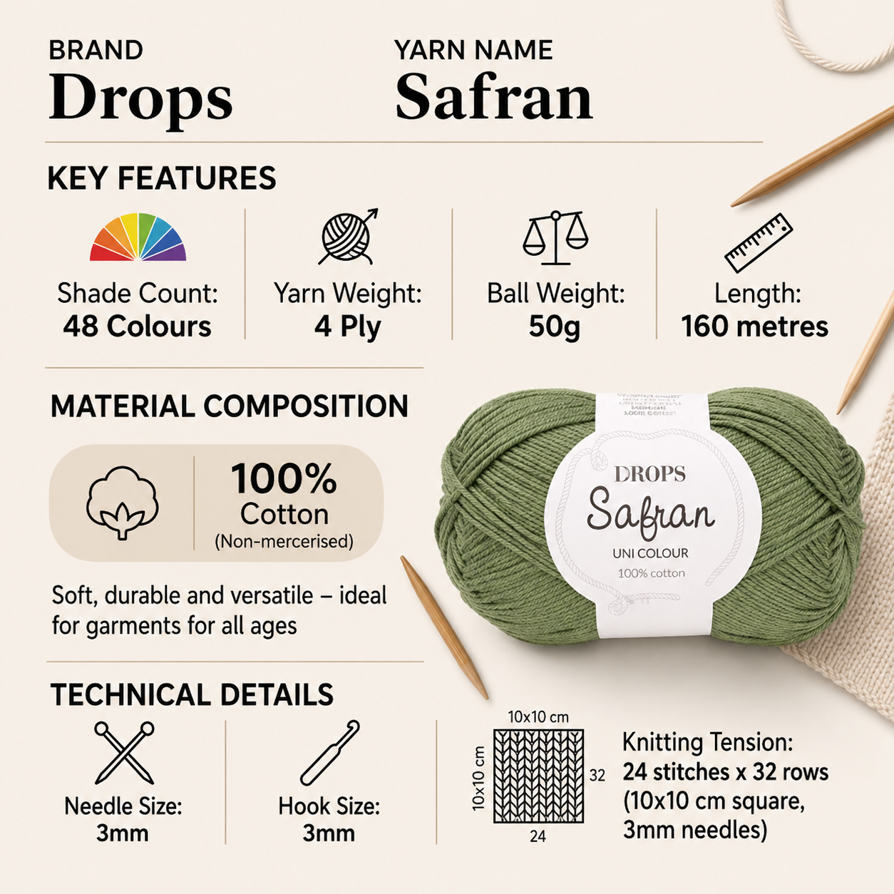Drops Safran 4 Ply Crochet Yarn - 50g, Non-Mercerised Cotton Lightweight Summer Knitting Wool for Garments, Baby Clothes & Accessories
