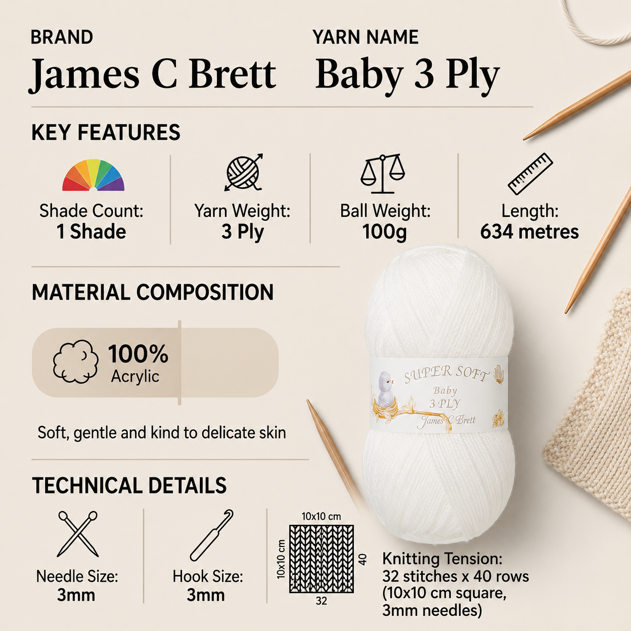 James C Brett 3 Ply Baby Yarn for Crochet - 100g, 100% Acrylic Skin Friendly Knitting Wool for Baby Garments, Blankets & Craft Project