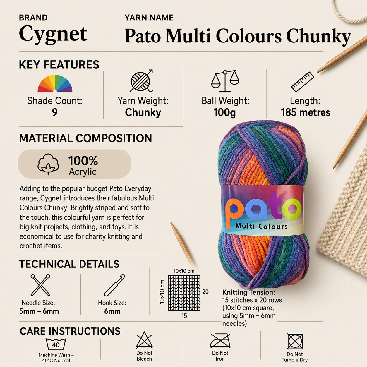 Cygnet Pato Multi Colours Chunky Yarn - 100g, 100% Acrylic Budget Self-Striped Knitting Crochet Yarn for Clothing, Toys & Accessories