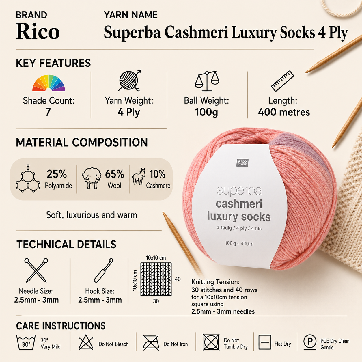Rico Superba Cashmeri Luxury Socks 4 Ply Yarn - 100G, Wool Cashmere Blend Self Patterning Hard Wearing Soft Sock Knitting Wool for Luxury Bed Socks, Booties & Gloves